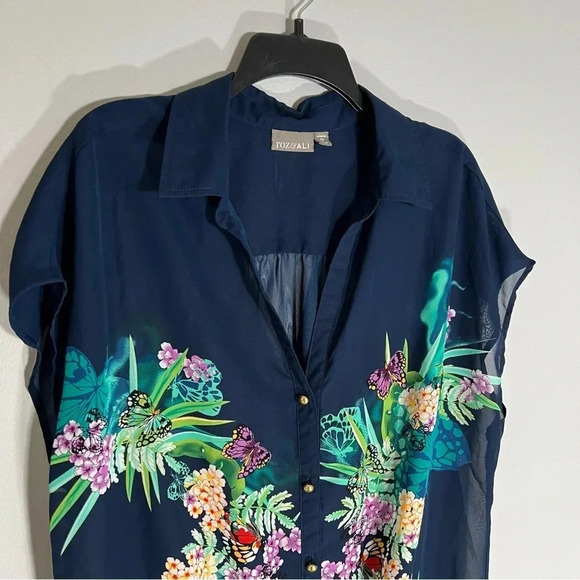 Roz & Ali Tie Front Button Up Blouse Women’s 1X Plus Navy Tropical Semi-Sheer - Picture 3 of 7